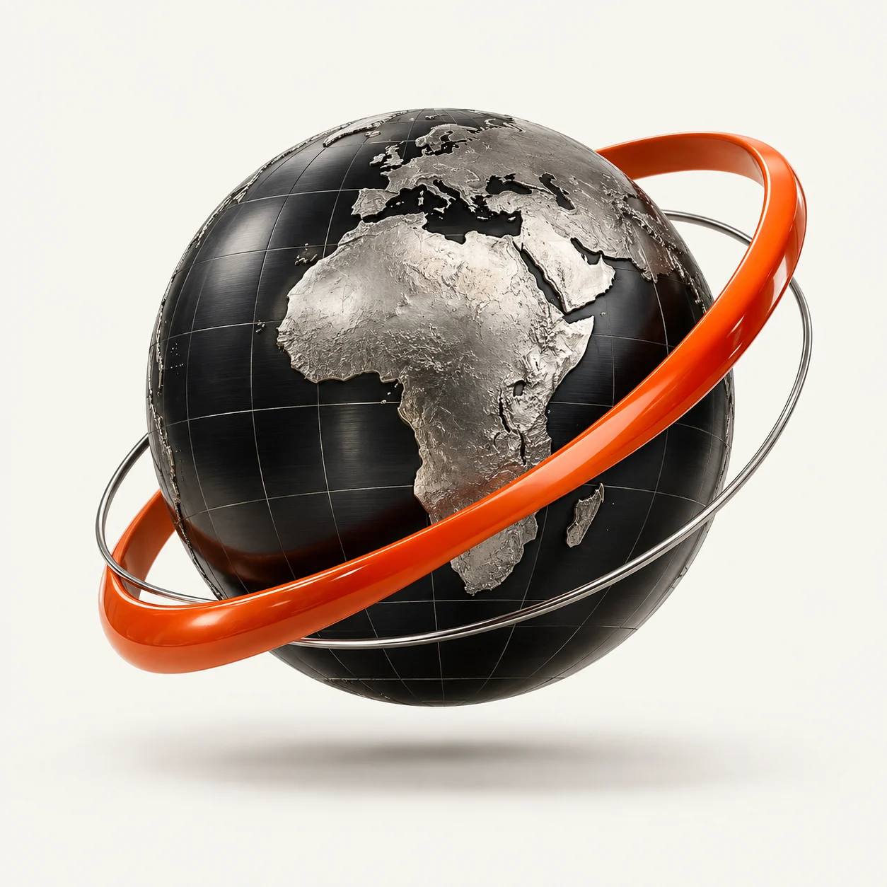Sculptural globe with Africa in silver, encircled by an orange orbit